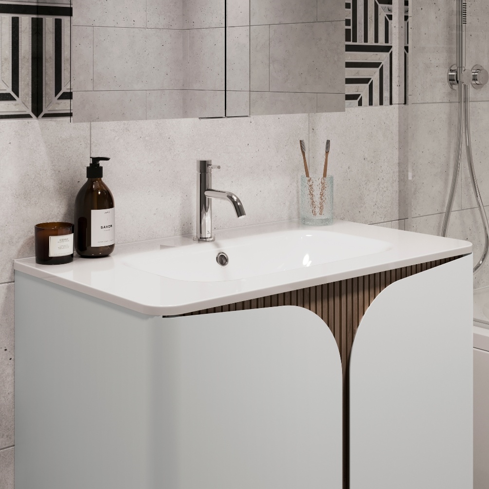 Close up product lifestyle image of the Crosswater Tambour Matt White 800mm Single Drawer Unit with Basin